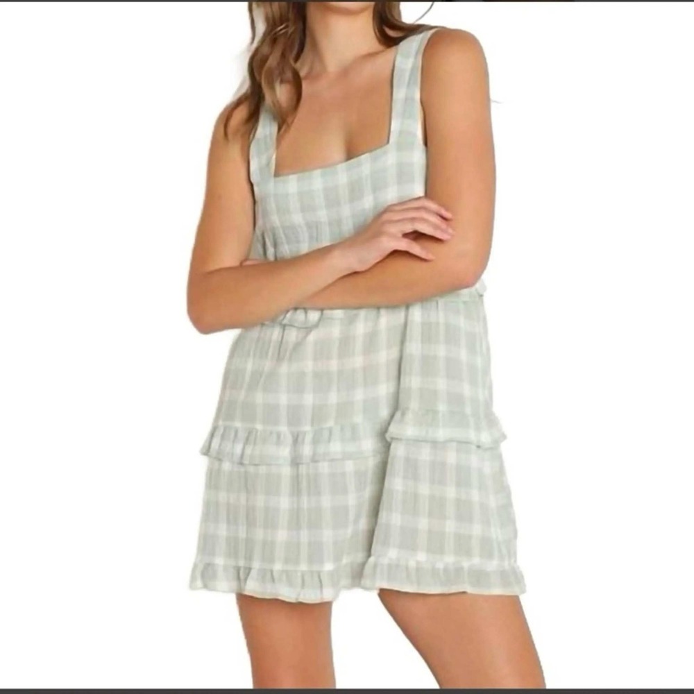 Show me your MUMU Napa Mini Dress Gingham Ruffle Tiered Dress Light Green Tank M